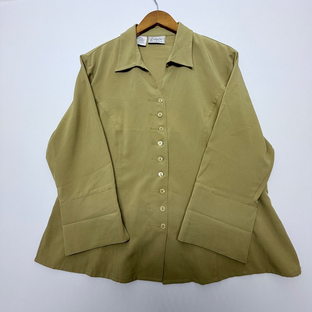 Cathy Che Stretch Olive Green Button Up Blouse Long Sleeve Plus Size 16 V-Neck